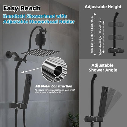 Hibbent 10'' Filtered Shower Head with 4-mode Handheld Spray, Matte Black | High Pressure Showerhead Combo, 12'' Adjustable Extension Arm, Shower Filter, Extension Bar, Easy Reach Holder, 71'' Hose