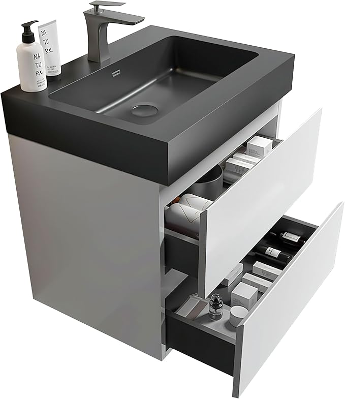 24" Floating Bathroom Vanity with Black Sink, Modern Bathroom Cabinet with Top and Soft Close Drawers, Spacious Storage for Small Space, White - Lavanda Collection