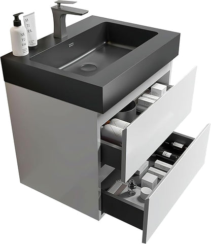 24" Floating Bathroom Vanity with Black Sink, Modern Bathroom Cabinet with Top and Soft Close Drawers, Spacious Storage for Small Space, White - Lavanda Collection