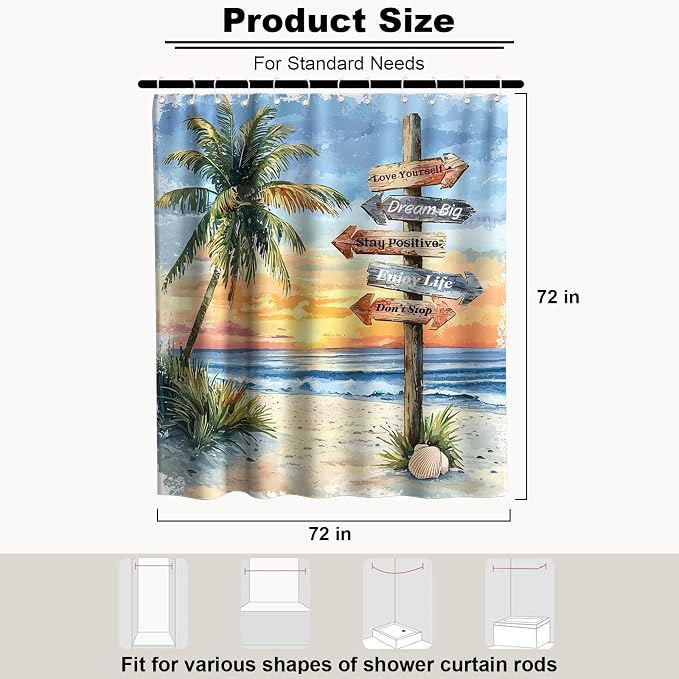 Beach Ocean Shower Curtain, Coastal Nautical Luxury Palm Tree Summer Shower Curtains for Bathroom, Waterproof Bath Curtain with Hooks Machine Washable Bathtub Curtains 72x72 Inch Colorful