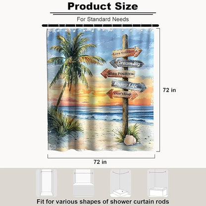 Beach Ocean Shower Curtain, Coastal Nautical Luxury Palm Tree Summer Shower Curtains for Bathroom, Waterproof Bath Curtain with Hooks Machine Washable Bathtub Curtains 72x72 Inch Colorful