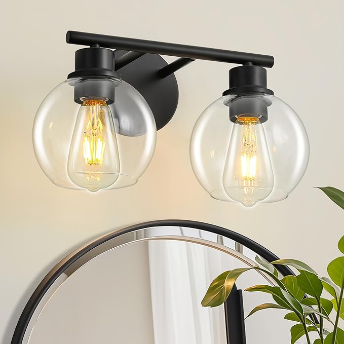 Bathroom Light Fixtures Over Mirror 2-Lights Bathroom Vanity Light with Clear Glass Shade 13.8 inch Modern Wall Sconce Black Vanity Lighting for Bath