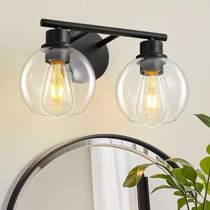 Bathroom Light Fixtures Over Mirror 2-Lights Bathroom Vanity Light with Clear Glass Shade 13.8 inch Modern Wall Sconce Black Vanity Lighting for Bath
