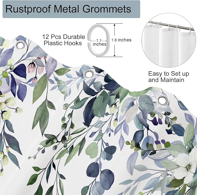 Dark Green Floral Eucalyptus Shower Curtain with Hooks, 72x78 Inch | Waterproof Fabric, Watercolor Leaves and Floral, Botanical Style, Machine Washable, Quick-Drying, for Hotel Bathroom
