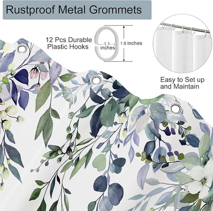 Dark Green Floral Eucalyptus Shower Curtain with Hooks, 72x78 Inch | Waterproof Fabric, Watercolor Leaves and Floral, Botanical Style, Machine Washable, Quick-Drying, for Hotel Bathroom