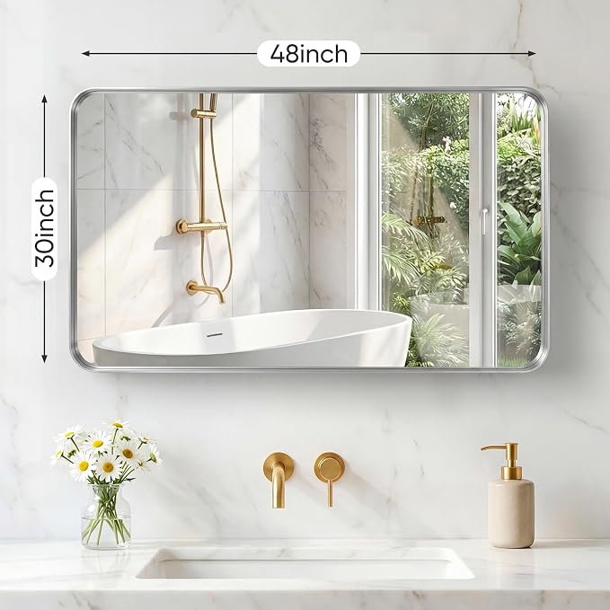 Sweetcrispy Bathroom Mirror 48x30 Inch, Vanity Mirror for Wall | Metal Framed Rounded Rectangle, Over Sink, Farmhouse Restroom, Anti-Rust, Horizontal or Vertical Hanging, Silver