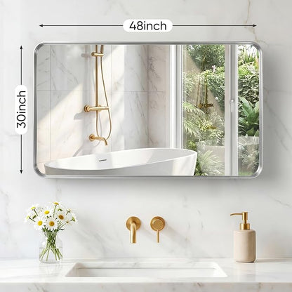 Sweetcrispy Bathroom Mirror 48x30 Inch, Vanity Mirror for Wall | Metal Framed Rounded Rectangle, Over Sink, Farmhouse Restroom, Anti-Rust, Horizontal or Vertical Hanging, Silver