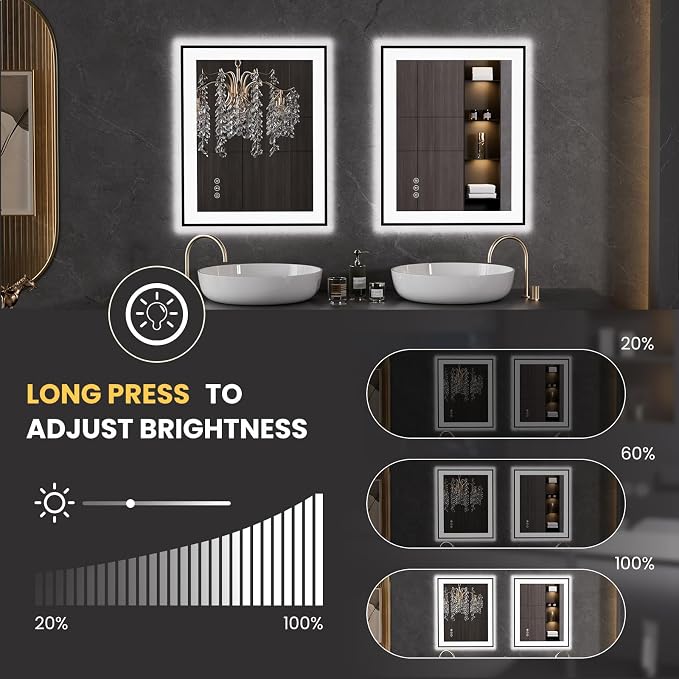 LOAAO 20"X28" LED Bathroom Mirror Black Framed | Anti-Fog, Dimmable, Memory Function, Tempered Glass, Lighted Vanity Mirror for Wall