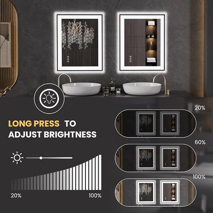 LOAAO 20"X28" LED Bathroom Mirror Black Framed | Anti-Fog, Dimmable, Memory Function, Tempered Glass, Lighted Vanity Mirror for Wall