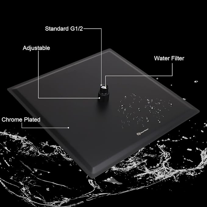 Shower Head with Extension Arm, High Pressure Square with ShowerArm, Stainless Steel Rainfall-Waterfall Full Body Coverage (16'' Shower with 20'' Arm, Matte Black)