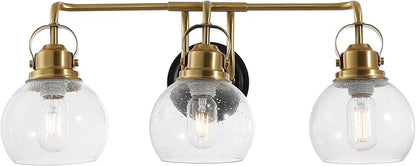JONATHAN Y 24" Brass Gold/Oil Rubbed Bronze Shirley 3-Light Bathroom Vanity Light, Metal Wall Sconce, Clear Seeded Glass Shade, Modern Transitional Farmhouse Fixture, LED Bulbs Included (JYL7405B)