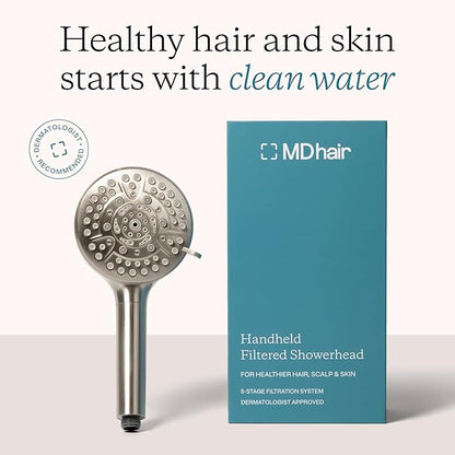 High Pressure Handheld 5-Stage Filtered Shower Head, Hard Water | Removes chlorine & heavy metals for healthier hair & skin; water softener shower filter, dermatologist-formulated
