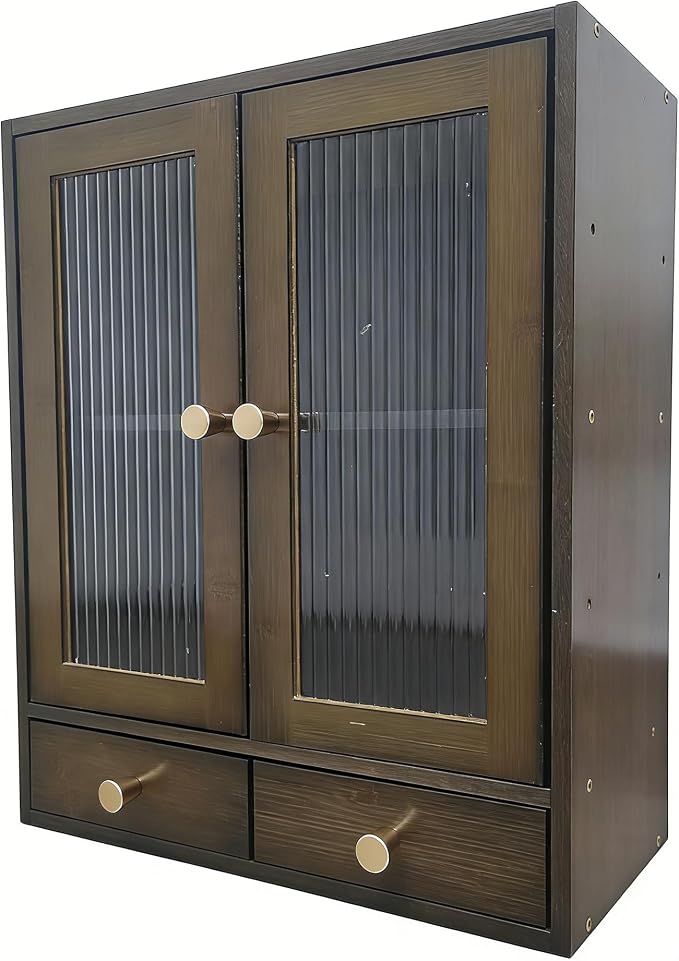 Brown Bamboo Countertop Cabinet Ribbed Magnetic Glass Doors with 2 Drawers | 14.6"W×6.7"D×18.1"H cabinet with adjustable inner shelves, multi-use for kitchen bedroom bathroom office sideboard storage
