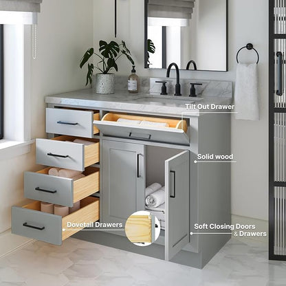 ARIEL Hepburn 42-inch Bathroom Vanity Base Cabinet,Solid Wood, 2 Soft Closing Doors, 5 Dovetail Drawers, Grey