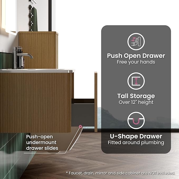24" Bathroom Vanity with Sink, Modern Floating Vanity with Push Open Soft Close Drawer, Large Storage for Small Space, Hotel, Natural Oak, Fully Assembled - Camellia Collection