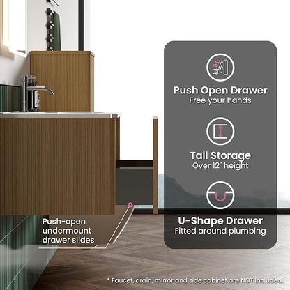 24" Bathroom Vanity with Sink, Modern Floating Vanity with Push Open Soft Close Drawer, Large Storage for Small Space, Hotel, Natural Oak, Fully Assembled - Camellia Collection