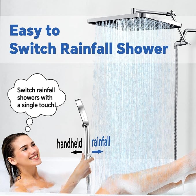 13" Rainfall Shower Head with Handheld Spray Combo, Push-Button Diverter | 3-Mode Handheld Shower, Height-Adjustable Extension Arm, Easy Install in 15 Min (Chrome)