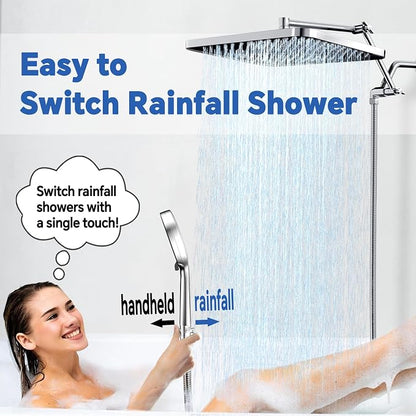 13" Rainfall Shower Head with Handheld Spray Combo, Push-Button Diverter | 3-Mode Handheld Shower, Height-Adjustable Extension Arm, Easy Install in 15 Min (Chrome)