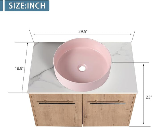 30" Floating Vanity with Sink, 30 Inch Bathroom Vanity with Sink, Modern Plywood Floating Cabinet with Sintered Stone Countertop and Pink Ceramic Basin, Soft Close Doors