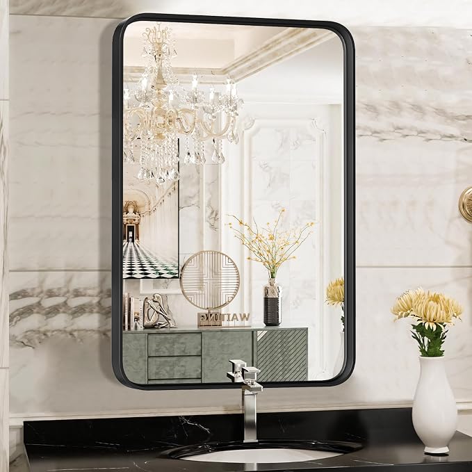 NEWBULIG Bathroom Wall Mirror, Vanity Mirror for Over Sink, 22x30 Inch | Matte Metal Framed Tempered Glass, Over Sink Entryway, Living Room Bedroom, Black