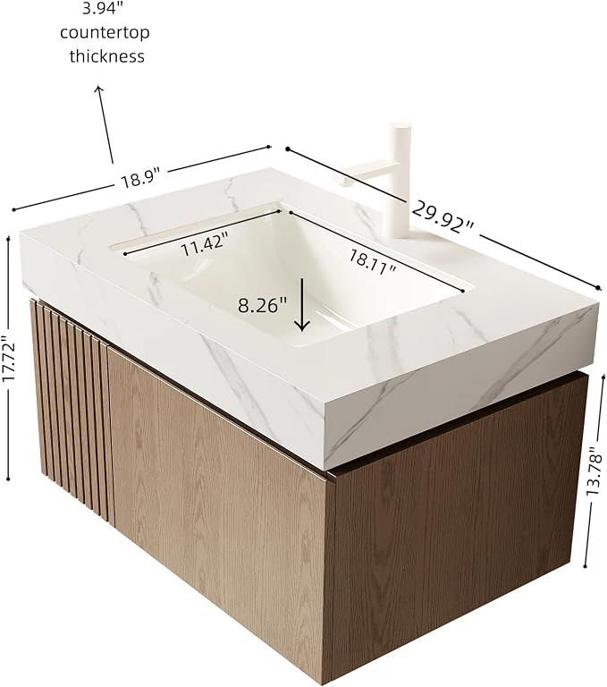 KEIKI 30 Inch Floating Bathroom Vanity with Sink, Light Brown & White | Modern Wall Mounted Storage Cabinet w/ Drawer & Door, Pre-assembled Wood Panels, Sintered Stone Top & Ceramic Basin Combo Set
