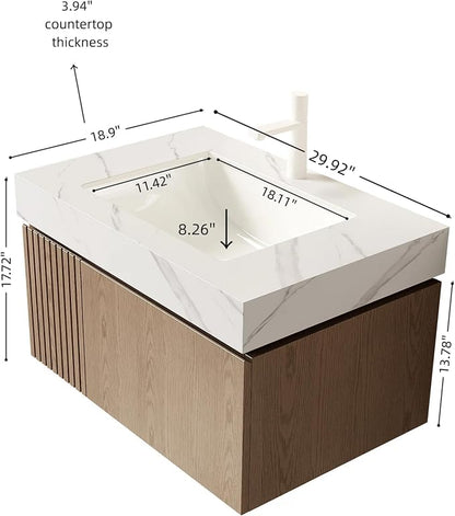 KEIKI 30 Inch Floating Bathroom Vanity with Sink, Light Brown & White | Modern Wall Mounted Storage Cabinet w/ Drawer & Door, Pre-assembled Wood Panels, Sintered Stone Top & Ceramic Basin Combo Set