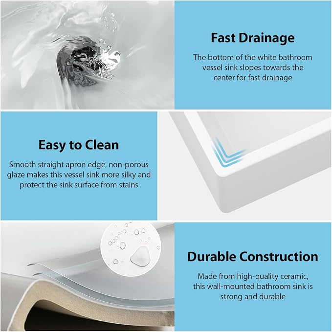 Wallmounted Bathroom Vessel Sink - 20"x17" Rectangular Floating Wall Hung Sinks Ceramic Wash Hand Basin White Wall Mount Vanity Sink for Mordern Bathroom