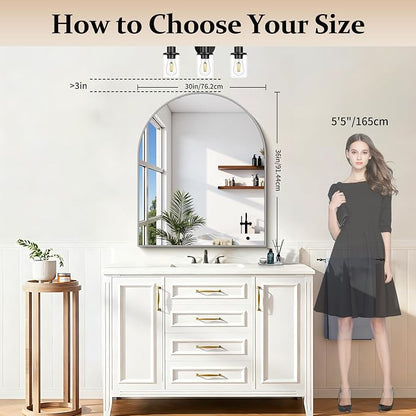 COFENY Arched Mirror, 30’’x36’’ Silver Arch Mirrors for Bathroom Sink, Bathroom Vanity Mirror with Metal Frame, Modern Wall Mounted Mirror for Bedroom Living Room Mantle Entryway