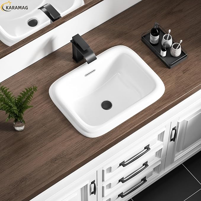 Bathroom Vessel Sink 19x15 Inch Drop In Bathroom Sink Rectangular Semi Recessed Bathroom Sinks with Overflow White Ceramic Modern Sinks Bowl Vanity Above Counter Basin