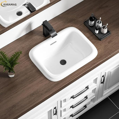 Bathroom Vessel Sink 19x15 Inch Drop In Bathroom Sink Rectangular Semi Recessed Bathroom Sinks with Overflow White Ceramic Modern Sinks Bowl Vanity Above Counter Basin