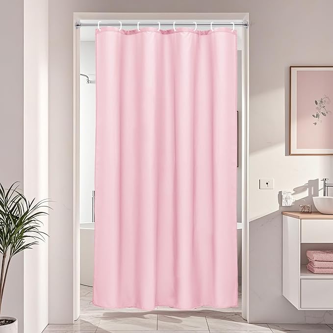 AooHome 48x72 inch Shower Liner, Small Size Fabric Solid Color Bathroom Curtain with Hooks, Weighted Hem, Water Repellent, Pink
