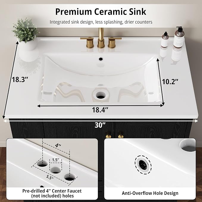 IRONCK Bathroom Vanity with Ceramic Sink, 30" Bathroom Cabinet, Black | Features a Ceramic Sink, 3 Doors, 1 Drawer and Flexible Side Storage for Organized Bathroom Storage