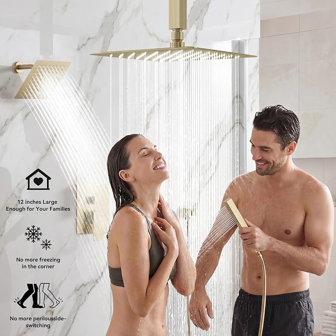 Shower System Brushed Gold Shower Faucet Set,Five Functions Knob Diverter Rainfall Shower Faucet with 2 in 1 Handheld,10'' Ceiling Mount and 6'' Wall Mount Rainfall Shower System
