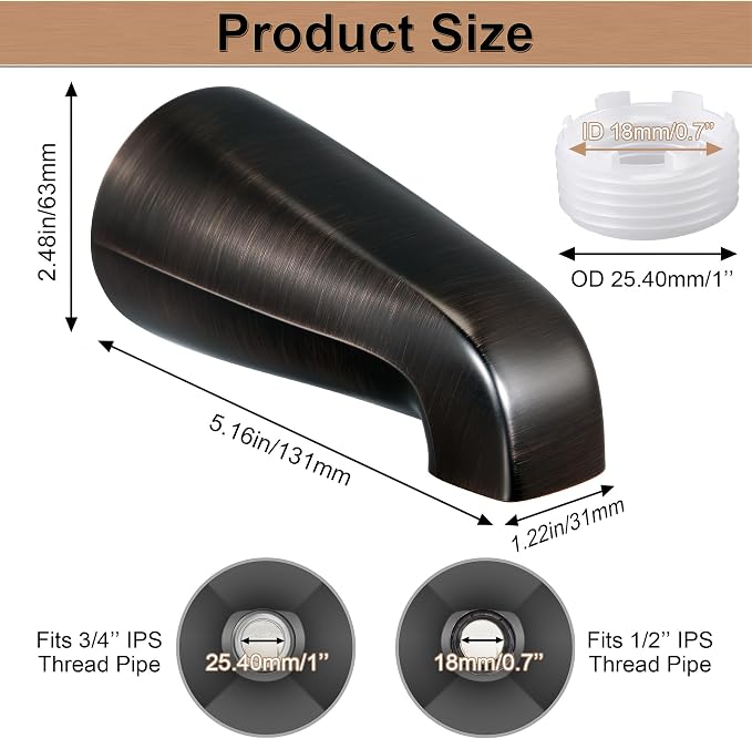 Dreyoo Universal Bath Tub Spout with Adapter, 5 Bathroom Bathtub Faucet Spout Without Diverter, Fits for 1/2'', 3/4'' IPS Inside Thread Connection and Tub/Shower Faucet Brands (Oil Rubbed Bronze)