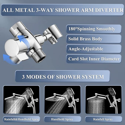 Shower Head with Handheld, 12 Inch Dual Shower Head with Extention Arm, High Pressure Rain Shower Heads, Rainfall Waterfall Showerhead with 3-Way Diverter - Height/Angle Adjustable(Chrome)