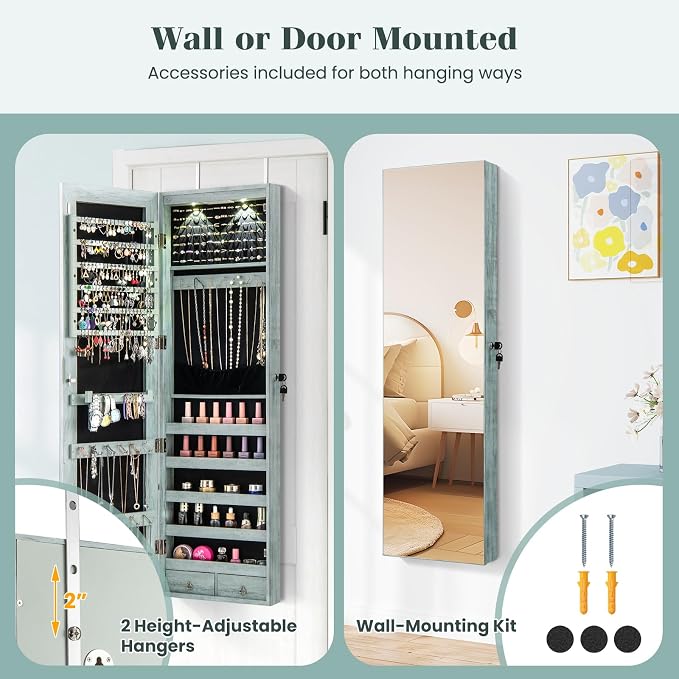 Giantex Wall or Door Mounted Jewelry Armoire with 47.5" Full Length Mirror, Lockable Cabinet with 2 LED Lights, 2 Drawers, Over the Door Large Jewelry Storage Organizer (Weathered Blue)
