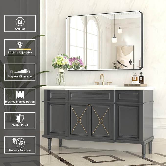 LED Mirror for Bathroom 40X28 Inch Black Framed with Anti-Fog, Stepless Dimmable, Front Lit, LED Bathroom Vanity Mirror for Wall, Memory Function, Shatter-Proof