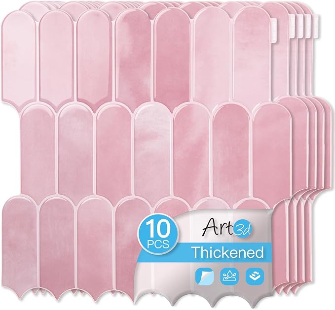 Art3d 10-Pack Arrowhead Design Wall Tile, Peel and Stick Backsplash, Pink | 12 x 12 Inch, Thickened Design, Heavy-Duty, Stain-Resistant, Durable, for Kitchen, Living Areas, Ideal for New Home Buyers