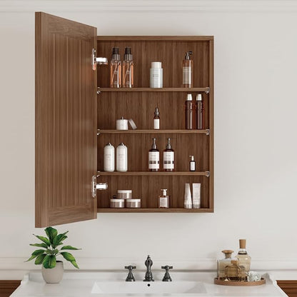 Buruis 20 x 28 Inch Bathroom Wood Medicine Cabinet Mirror, Walnut Finish | Fully Assembled Design, Adjustable Glass Shelves, Soft-Close Hinges, Bathroom Storage Organizer, Left/Right Opening