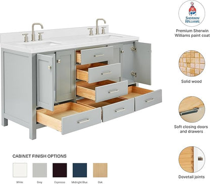 DKB Beckford 66" Grey Double Bathroom Vanity, 1.5" Edge Carrara White Quartz Countertop, Dual Rectangular Undermount Sinks, 4 Soft-Closing Doors, 6 Dovetail Drawers