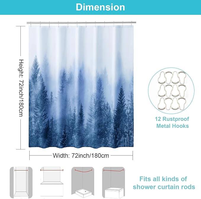 ORTIGIA Blue Shower Curtain for Bathroom, Misty Forest Nature Woodland Shower Curtain Set with Metal Hooks, Decorative Pine Tree Fog Magic Bath Curtain for Home, Waterproof Fabric, Weighted, 72x72