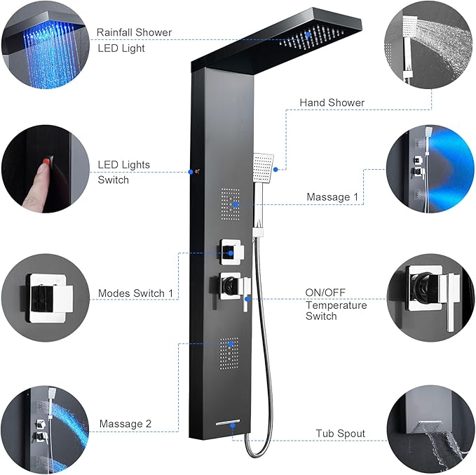 MENATT Stainless Steel Shower Tower Panel System with LED Waterfall Shower, 5-in-1 Shower Panels with Rainfall Shower Head, 2-in-1 Body Jets,Handheld Showerhead,Bathtub Filler (Black)