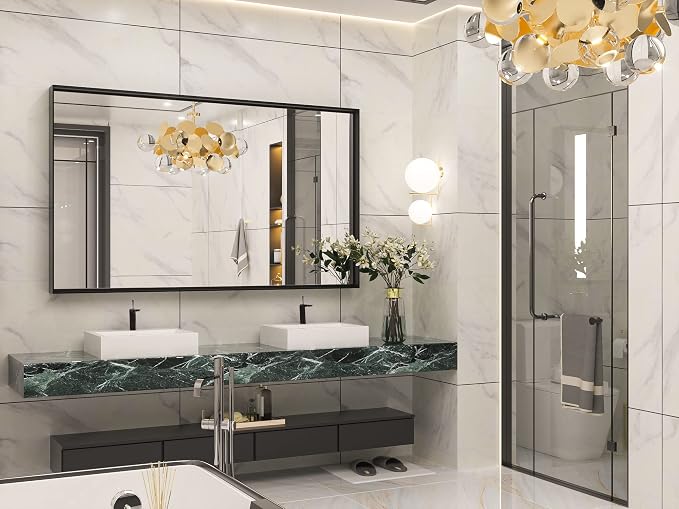 Keonjinn 60x36 Inch Black Bathroom Mirror for Over Sink, Rectangular | HD Tempered Glass, Vanity Mirror, Brushed Framed, Square Corner, Modern Farmhouse, Wall Mounted Mirrors, Aluminum Alloy
