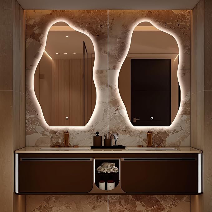 Niccy Irregular LED Bathroom Mirror, Wavy Backlit Wall Mirror, 24"x40" | Frameless Lighted Mirror for Bedroom Living Room, Modern Smart-Mirror with 3 Color Lighting, Anti-Fog, Memory Function
