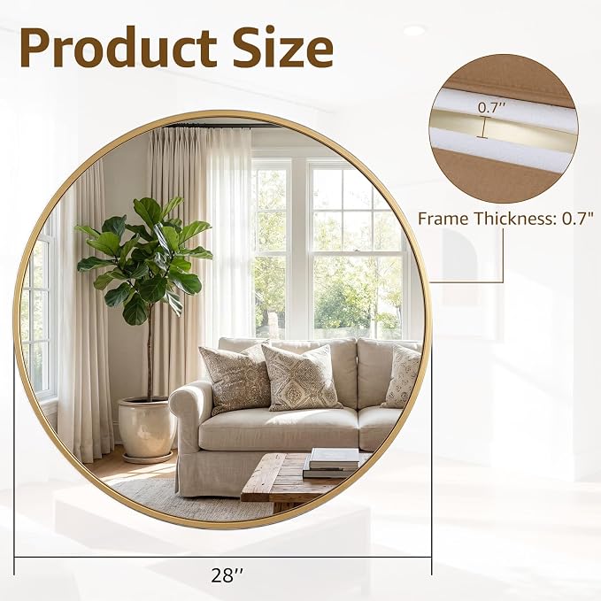 DUMOS 28 Inch Round Wall Mirror, Bathroom Mirrors for Over Sink | Matte Metal Framed Circle Mirror, Wall Decor for Bedroom, Entryway, Anti-Rust, Tempered Glass, Hanging or Leaning, Gold