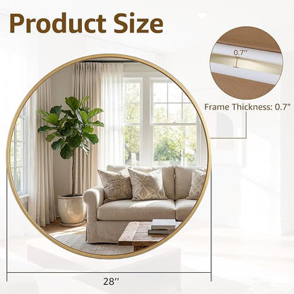 DUMOS 28 Inch Round Wall Mirror, Bathroom Mirrors for Over Sink | Matte Metal Framed Circle Mirror, Wall Decor for Bedroom, Entryway, Anti-Rust, Tempered Glass, Hanging or Leaning, Gold