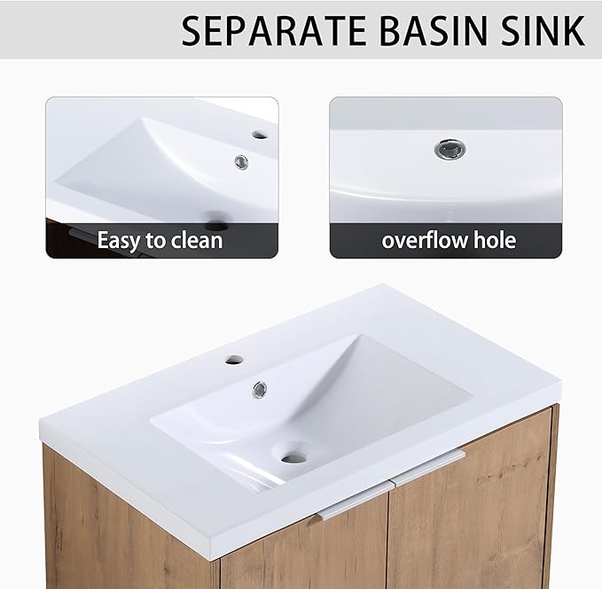 SSLine 42-Inch Single Bathroom Vanity Modern Wall Mounted Bathroom Vanity with Sink 42" Small Floating Bathroom Vanities Set with White Open Storage Shelf & 2 Side Cabinets,Brown White
