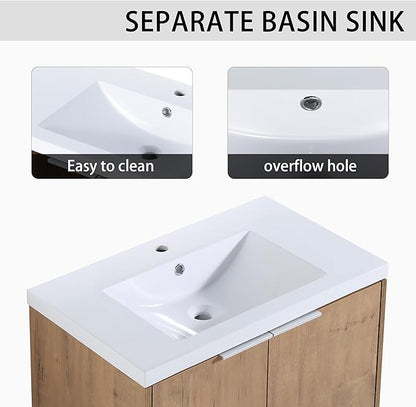 SSLine 42-Inch Single Bathroom Vanity Modern Wall Mounted Bathroom Vanity with Sink 42" Small Floating Bathroom Vanities Set with White Open Storage Shelf & 2 Side Cabinets,Brown White