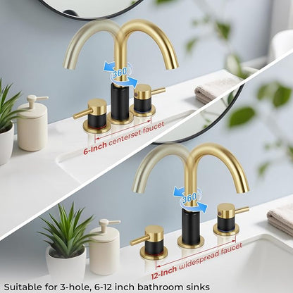 Bathroom Faucet 3 Hole, Brushed Gold and Black Bathroom Sink Faucet with Pop Up Drain, 8 inch Widespread Bathroom Faucet with 360° Swivel Spout, 2 Handle Vanity Faucet with Water Supply Hoses