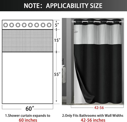 No Hook Shower Curtain with Liner Set Hotel Waffle Curtain Black 60W X 75L | Washable Snap in Fabric Liner, Mesh Top Window, Waffle Hotel Style Shower Curtain Set